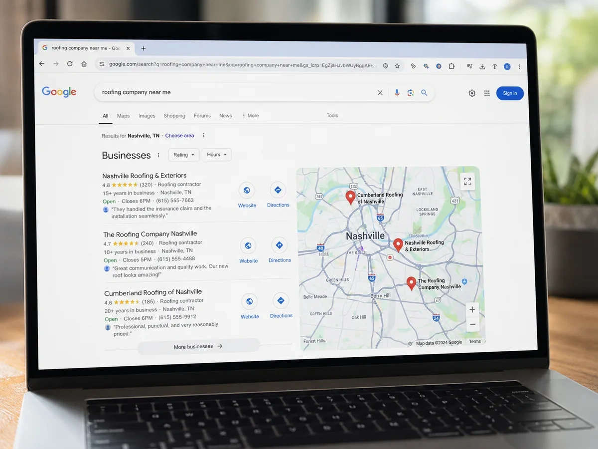 Google local search results for roofing companies on a laptop.