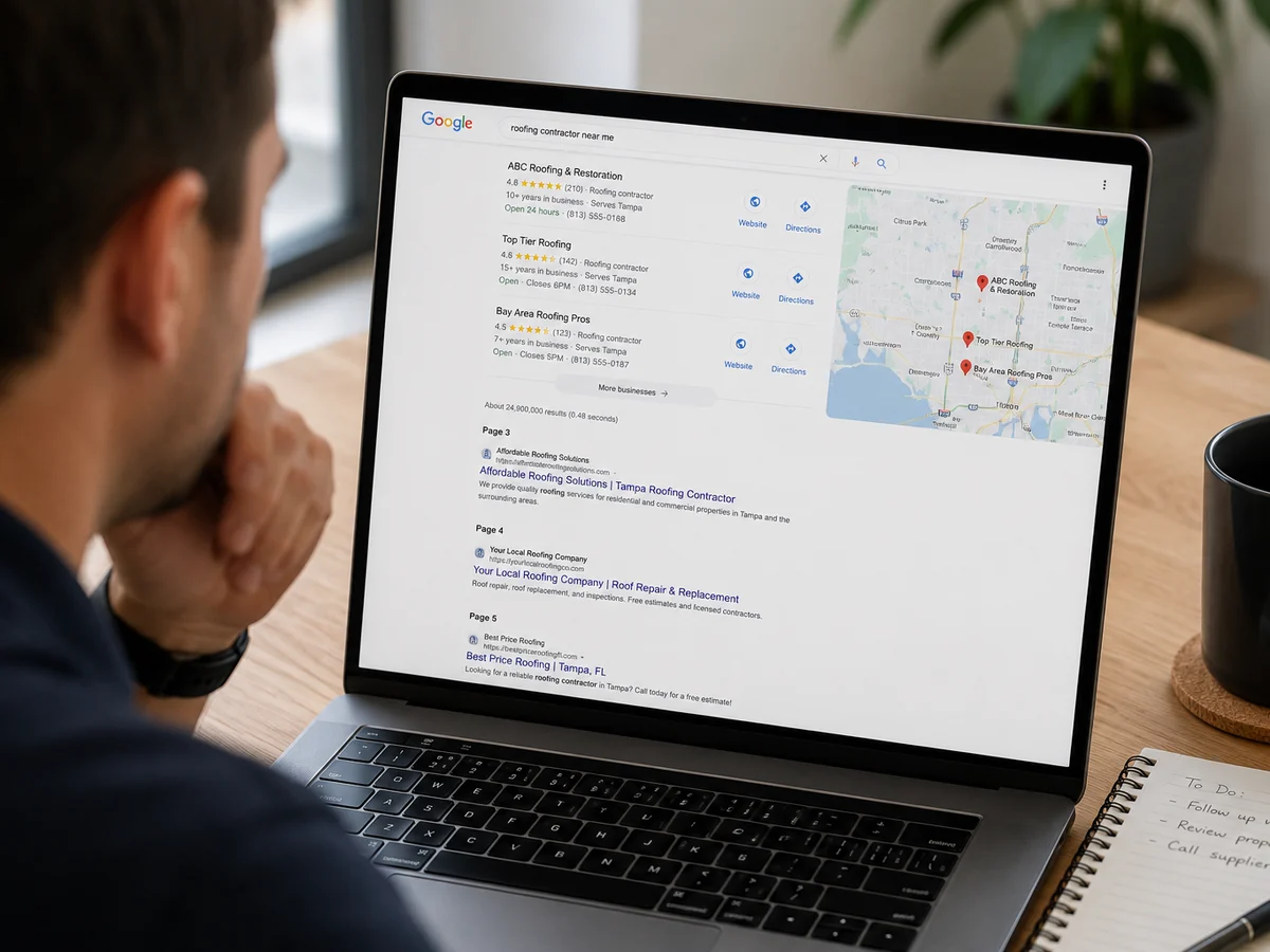 Laptop showing poor local search visibility for a service business.