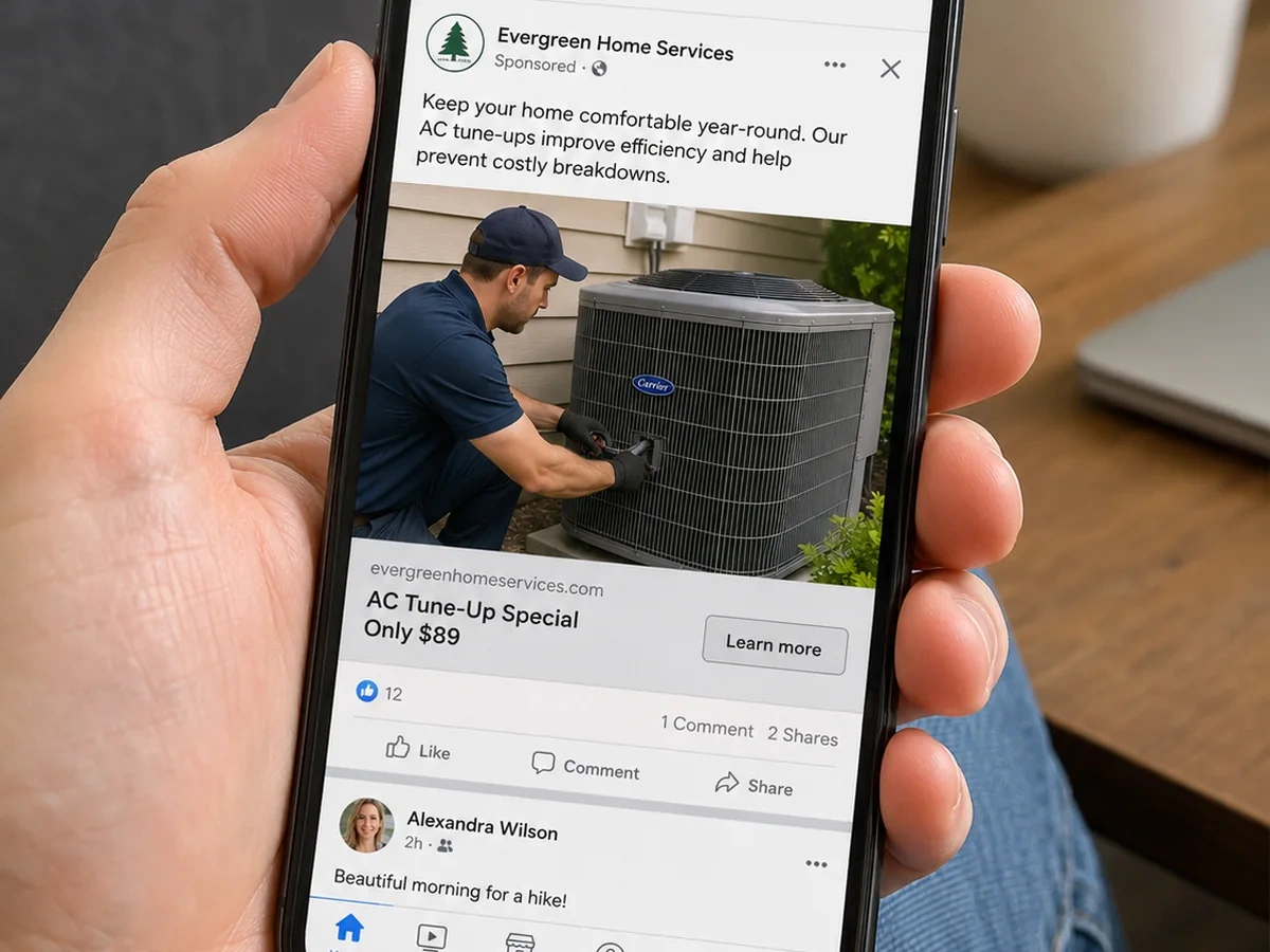 Facebook sponsored post for a local home service business on a phone.