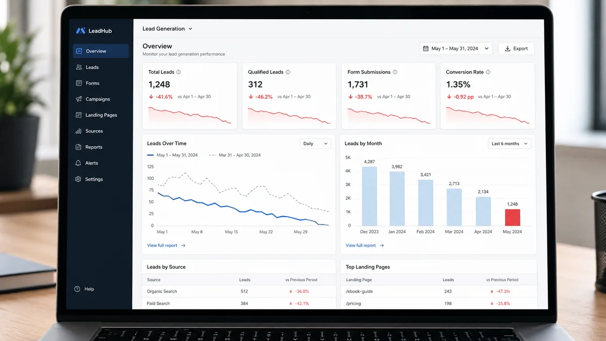 Lead generation dashboard on a laptop showing declining website lead metrics.