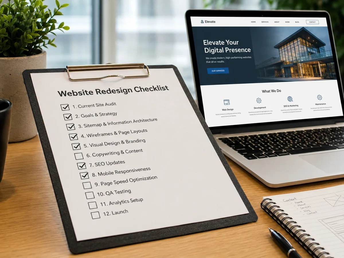 Website redesign checklist beside a laptop showing a business website.