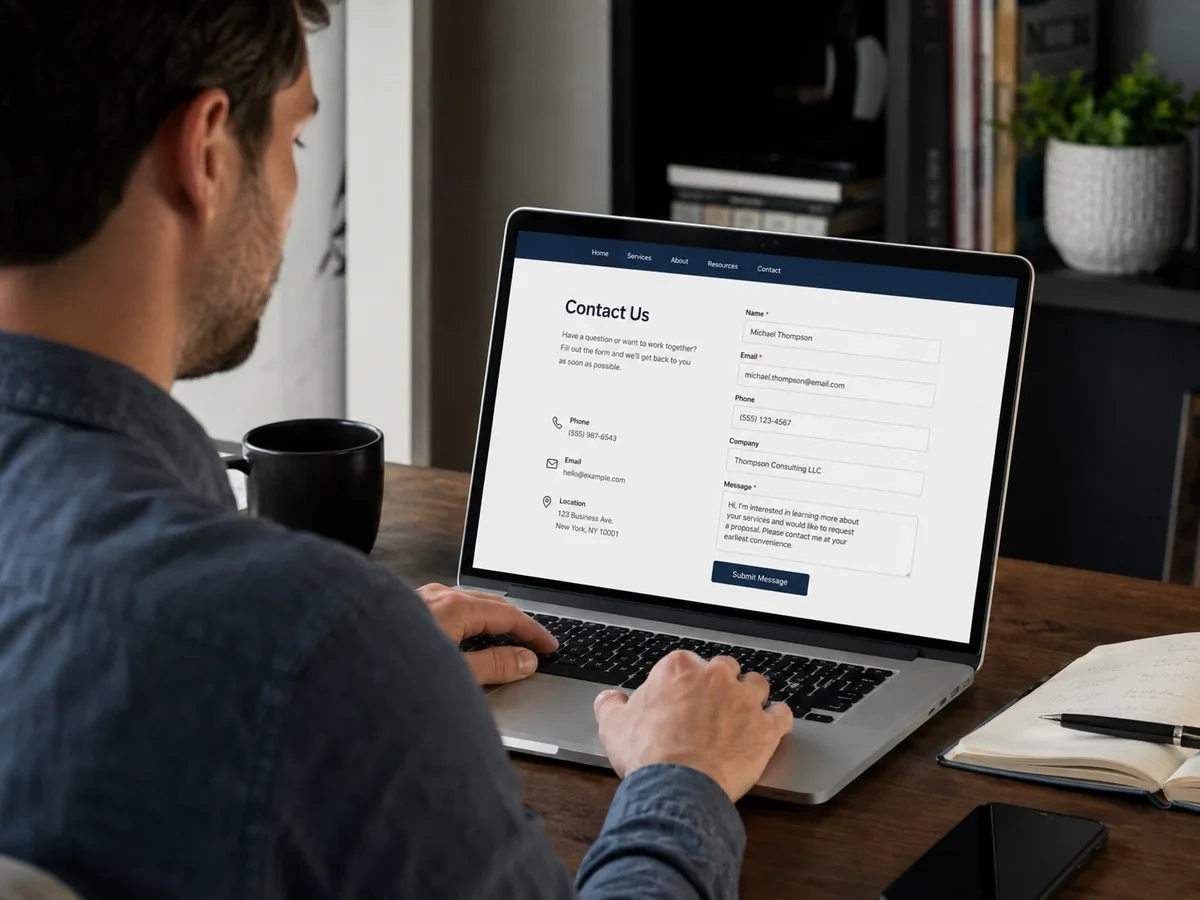 Business owner filling out a contact form on a laptop.