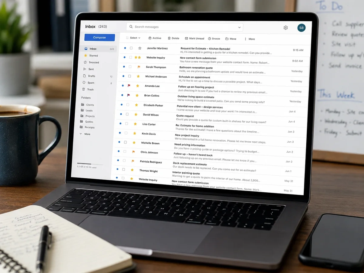 Laptop inbox with service lead inquiries and follow-up messages.