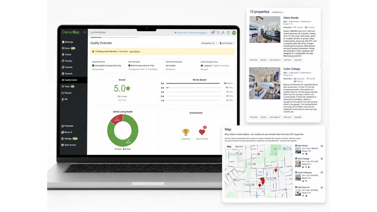 OwnerRez quality dashboard property listings and map