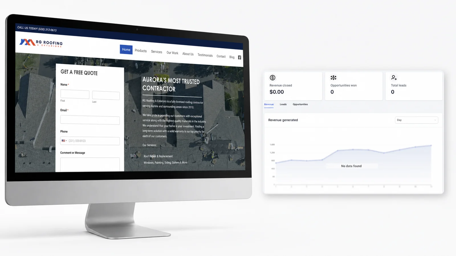 RG Roofing previous website and limited lead reporting