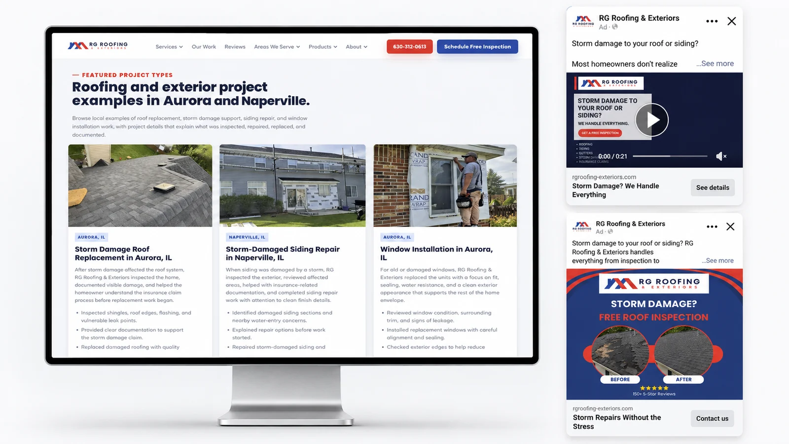 RG Roofing project pages and Meta advertising assets