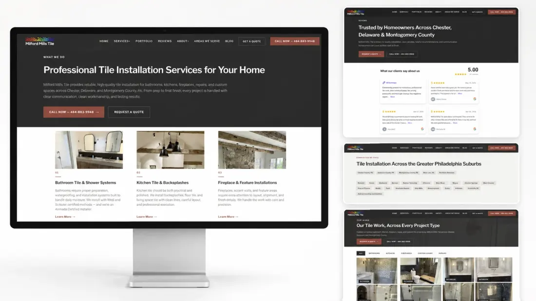 Redesigned service pages, reviews, and project galleries