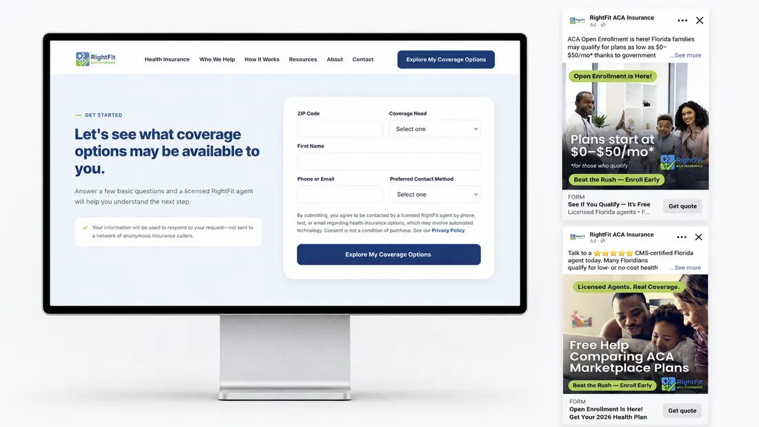 RightFit ACA Insurance rebuilt website and Meta ad creative.