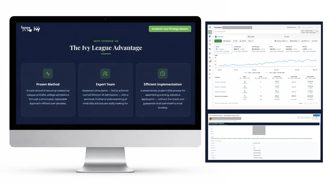 Ivy League Advantage website, ad reporting, and lead capture system