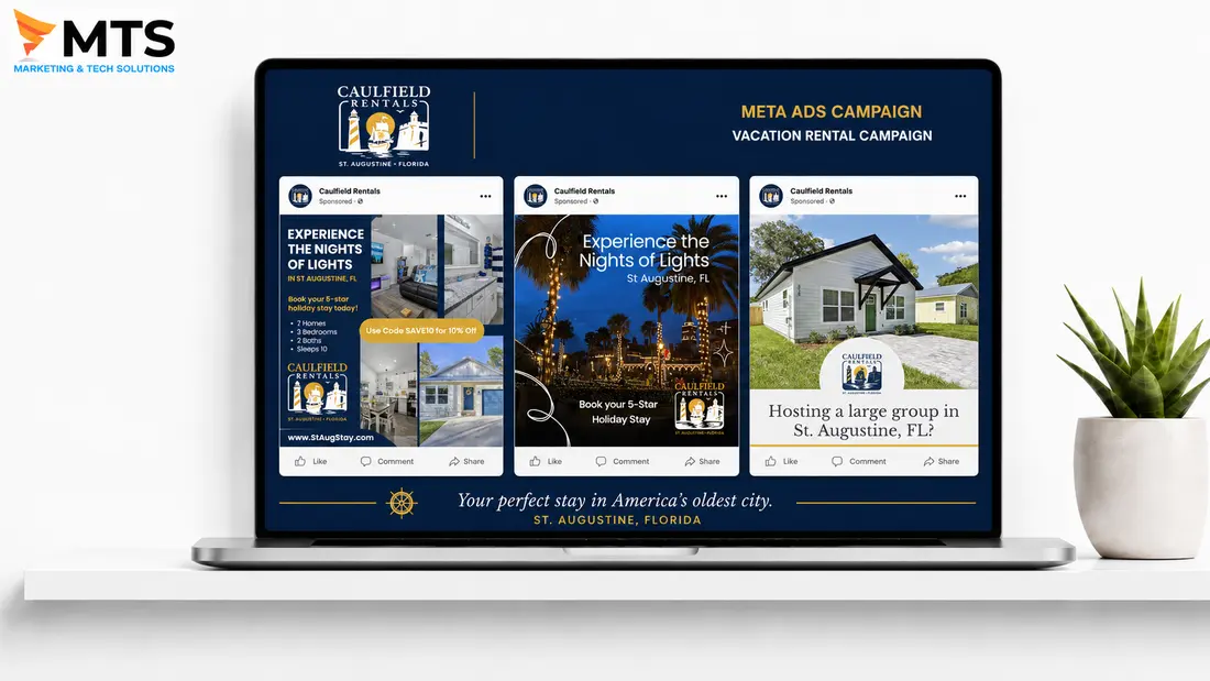 Caulfield Rentals vacation rental Meta Ads campaign mockup