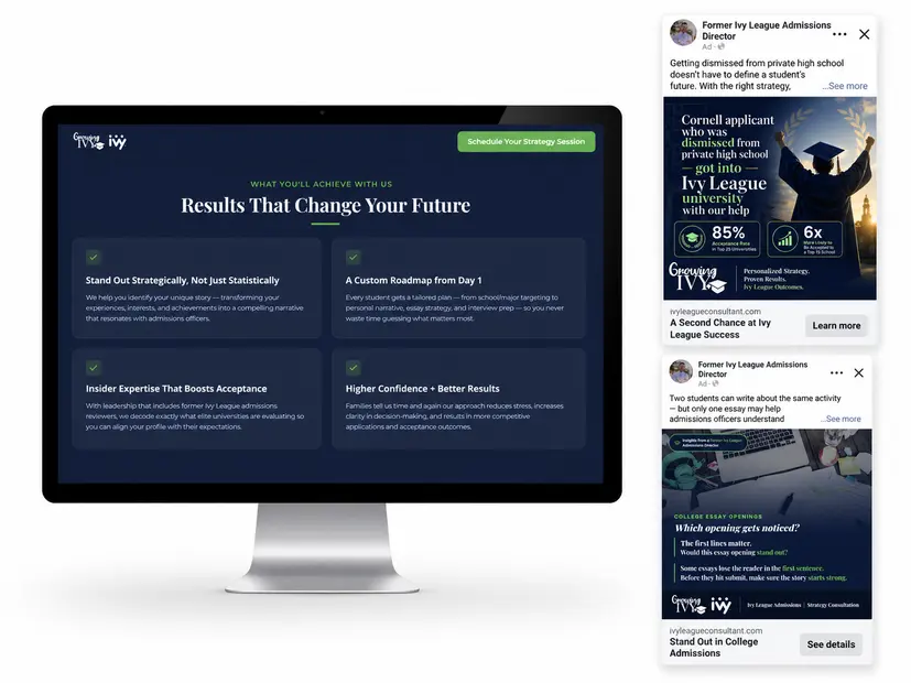 Ivy League Advantage website and Meta ad campaign mockups