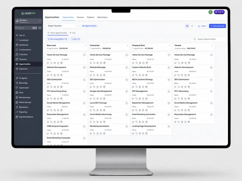 LeadOps sales pipeline board with opportunities organized by stage