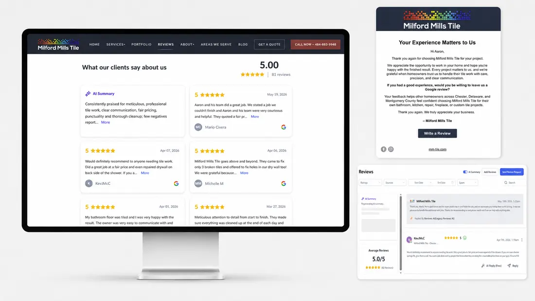 Milford Mills Tile review page with review request email and review management dashboard