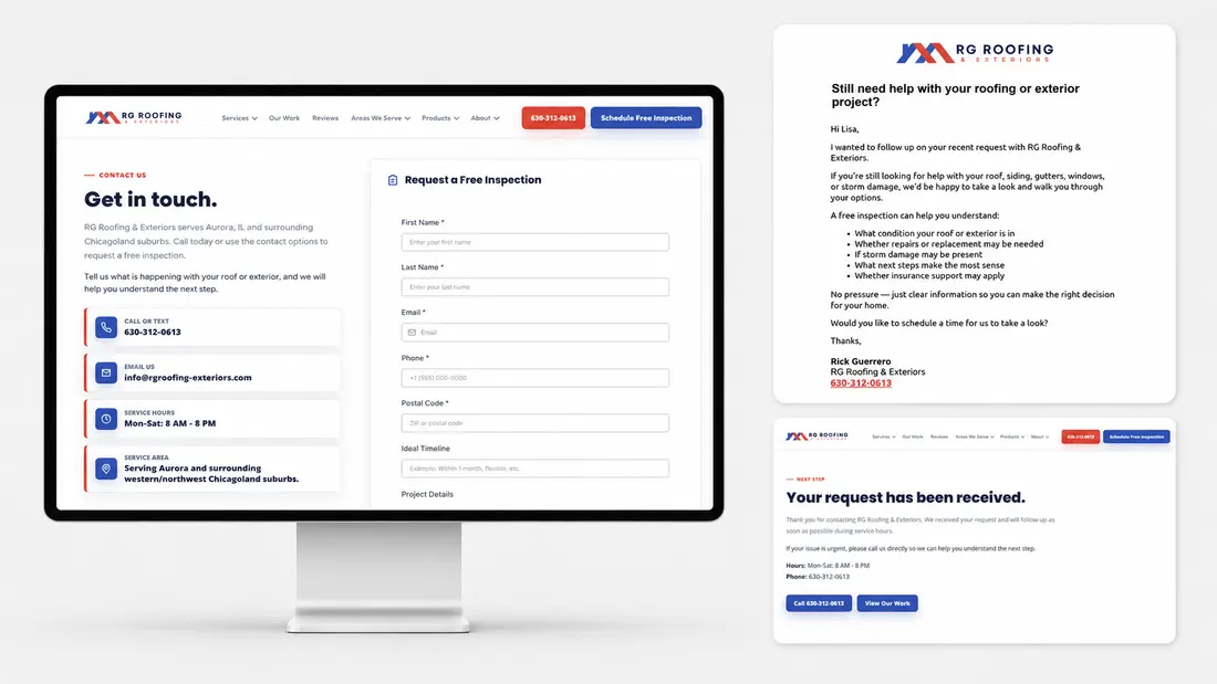 RG Roofing contact page with automated follow-up email and request received page