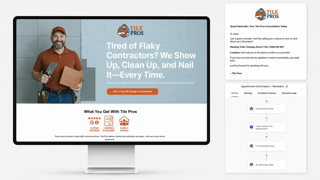 Tile Pros landing page with appointment confirmation and reminder automation workflow