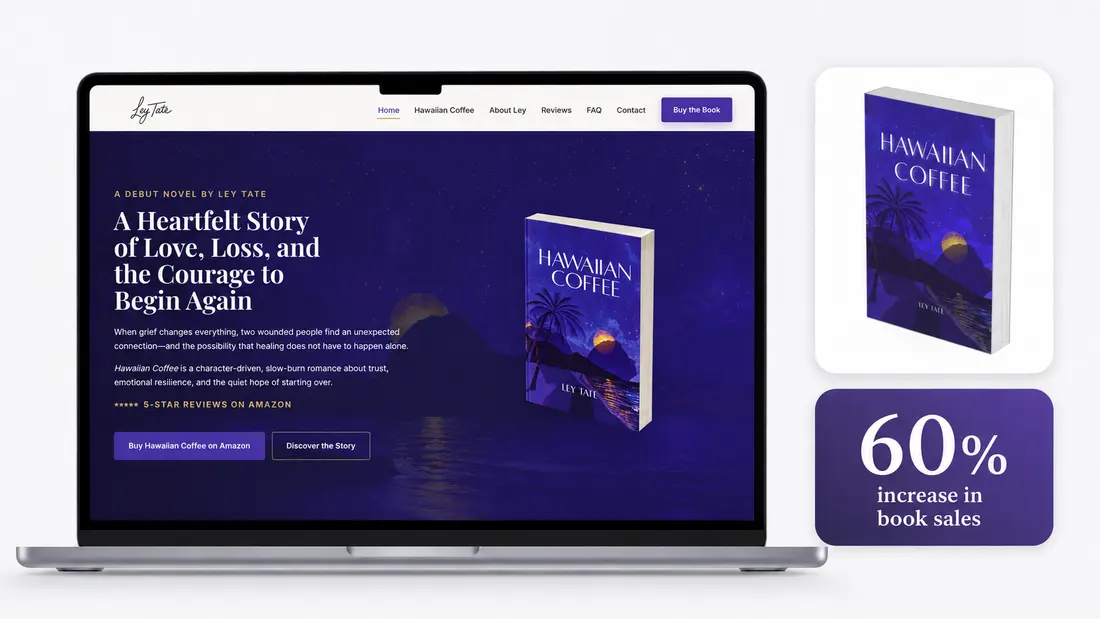 Ley Tate author website result image showing Hawaiian Coffee book sales growth and campaign outcome.