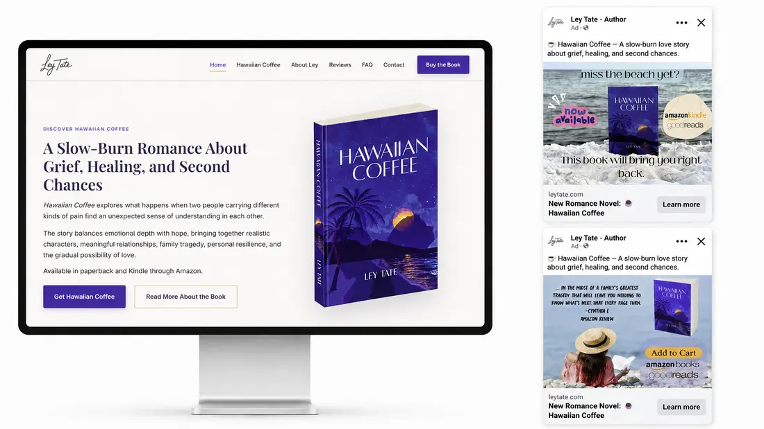 Ley Tate author website and Meta advertising assets built for the Hawaiian Coffee book campaign.