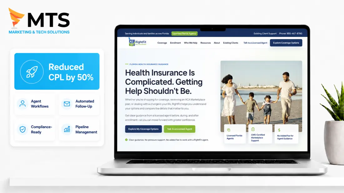 RightFit insurance website with lead cost and workflow details.