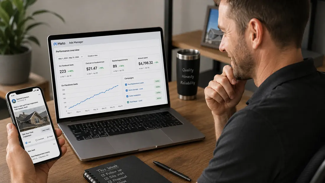 Business owner reviewing Meta Ads leads, booked appointments, campaign performance, and a new lead on a phone.