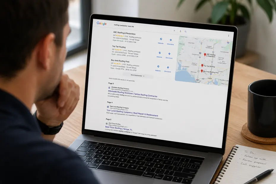 Person reviewing low search visibility on a laptop with local search results and map listings.